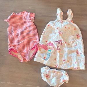 Ruffle Butts swimsuit and Mud Pie dress both size 3T.  Great condition!